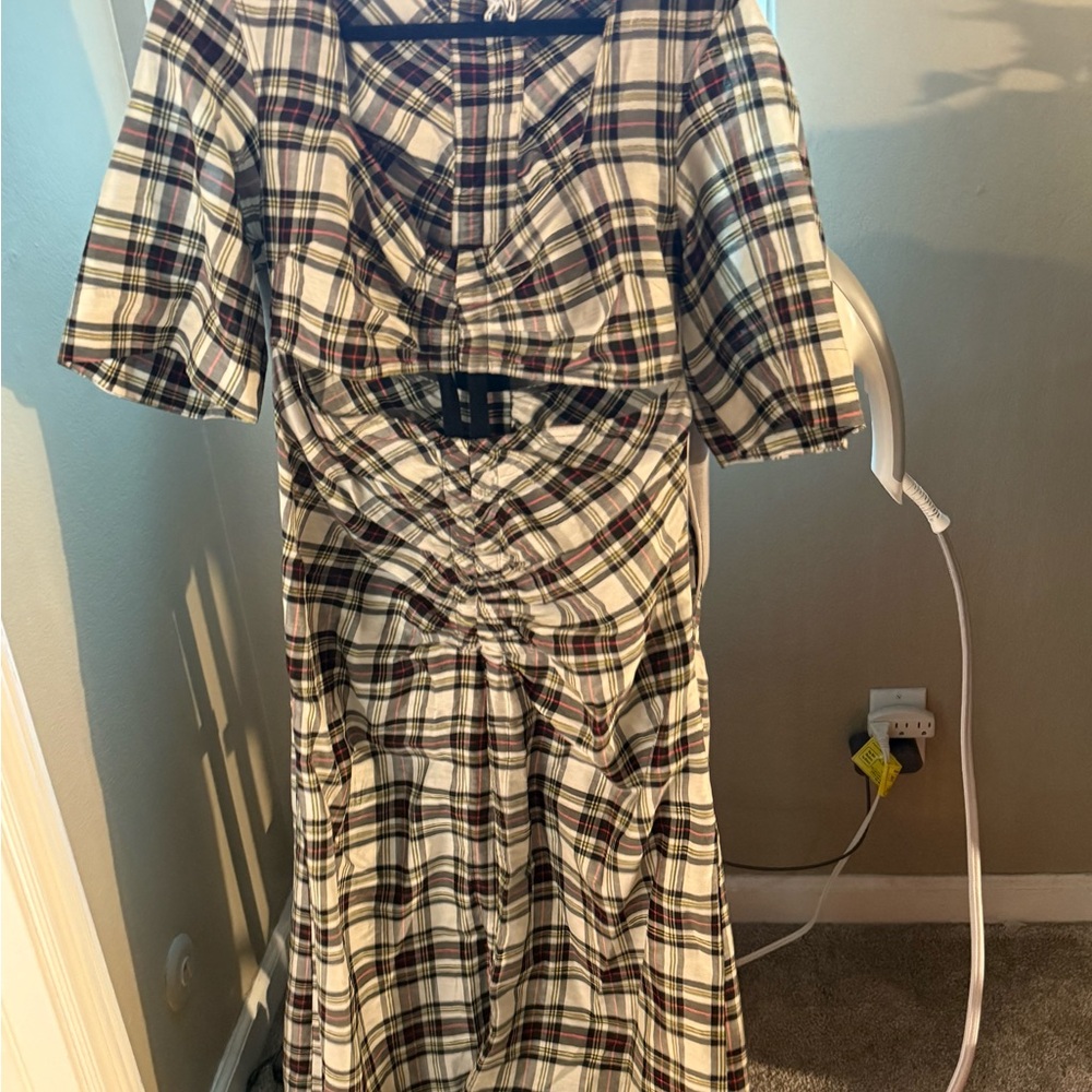 Ganni Plaid Midi Dress with cut out feature and rouching